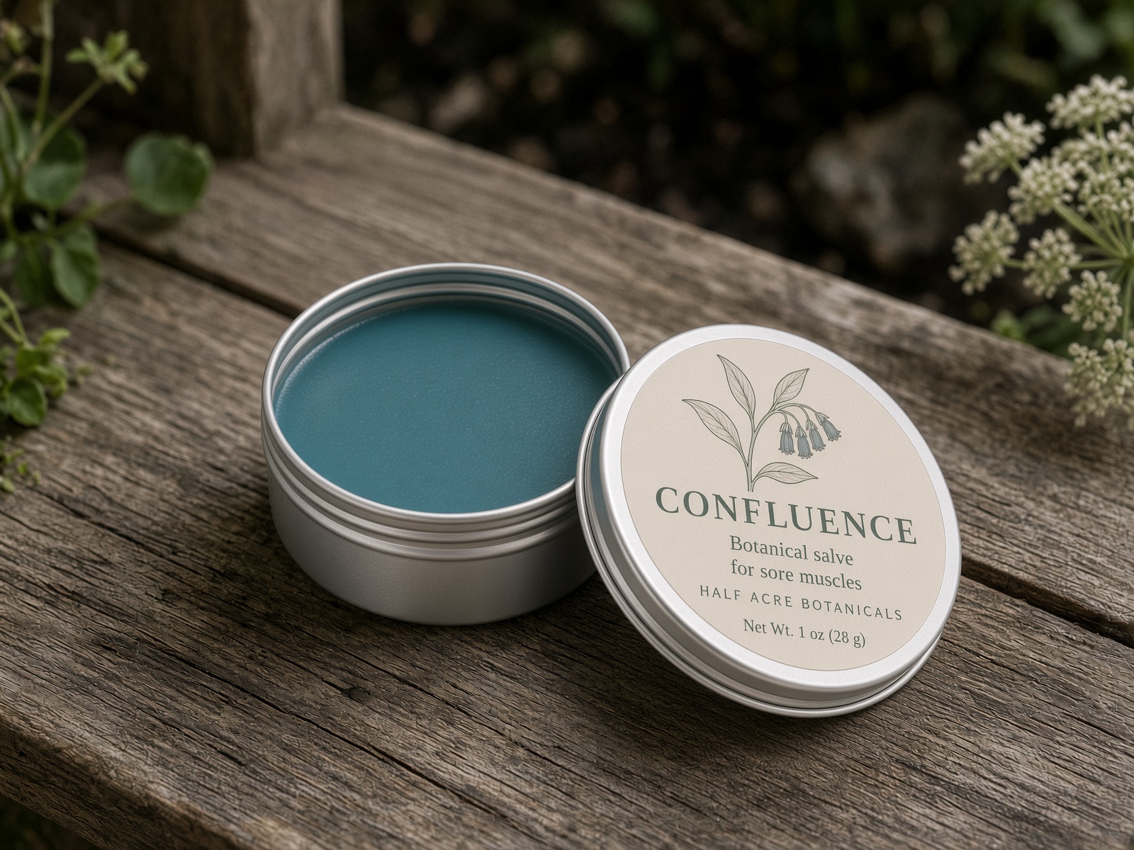 Open Confluence tin on the garden bench