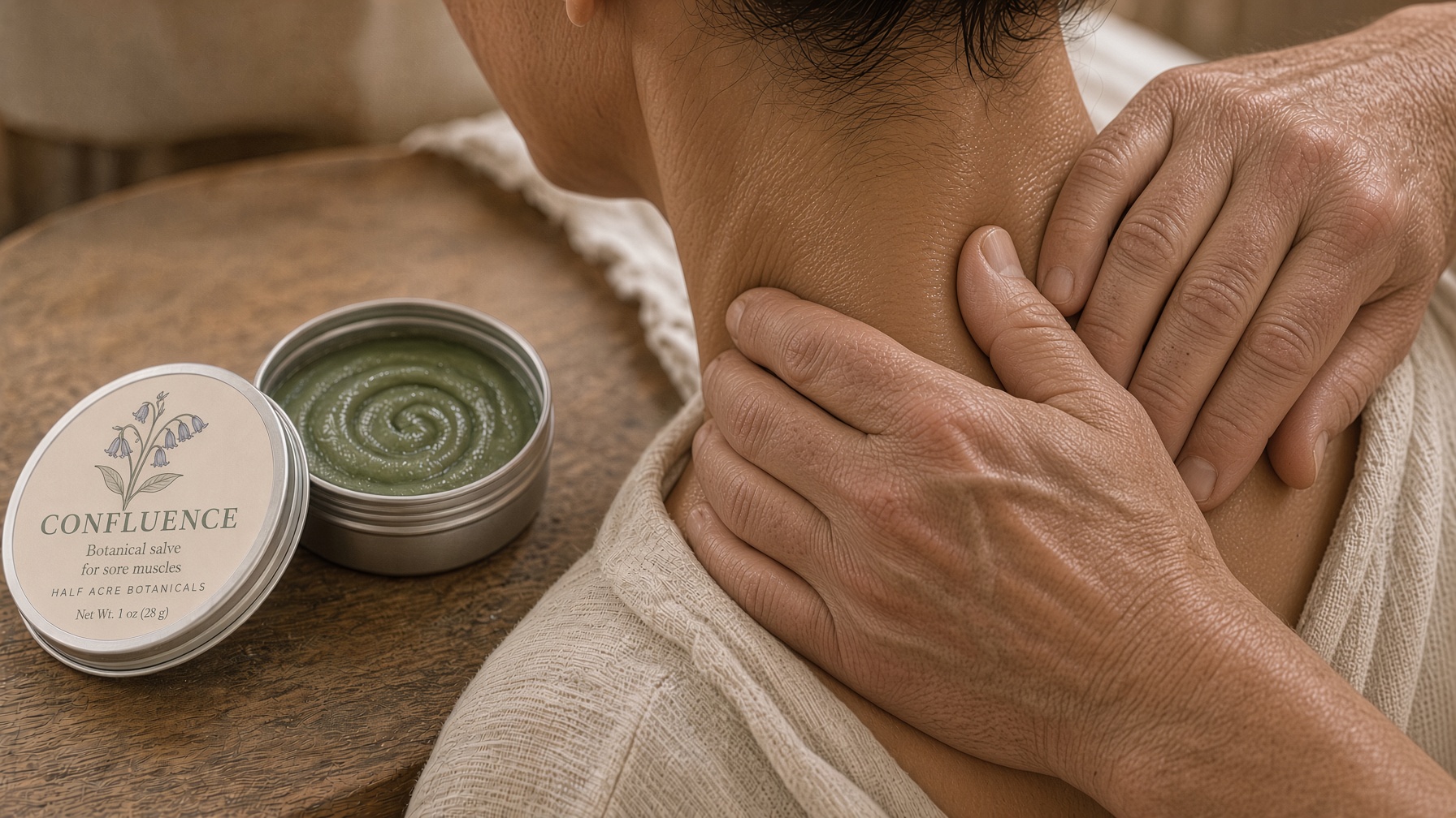 Hands rubbing a small amount of salve into skin