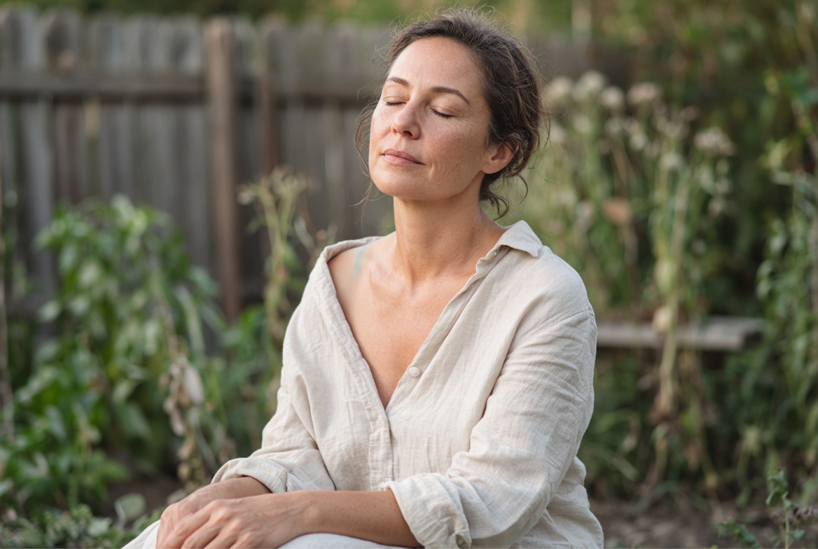 A woman sitting still at the edge of a garden